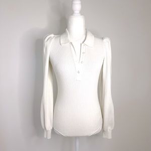 DH New York Winter White Puff Sleeve Button Collar Knit Bodysuit
